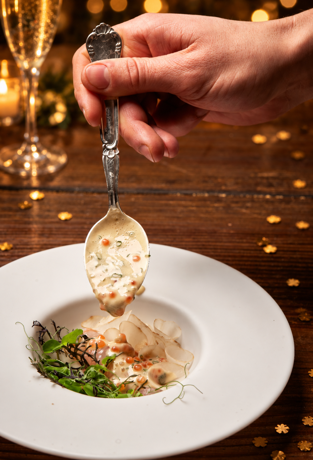 Festlig nytårsanretning med sauce og et glas bobler